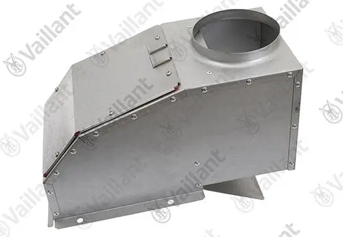 Metallischer Abgassammler von Vaillant mit rundem Anschluss und einer eckigen, kompakten Bauform. Signalrot markierte Dichtungen an den Verbindungsstellen sind sichtbar.